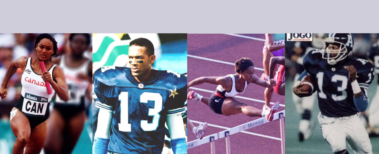 A collage of 4 images, one of Lesley Williams running at the Olympics, one of Taly Williams up close, one of Lesley running the hurdles and 1 of Taly at a Tie-cats game.